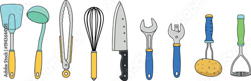 Kitchen utensils and cooking tools set including spatula, ladle, whisk, knife, wrench, screwdriver and potato masher colorful vector illustration isolated on white background