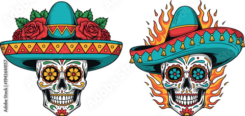 Mexican sugar skull with sombrero hats, roses and flames colorful vector illustration inspired by Day of the Dead culture isolated on white background