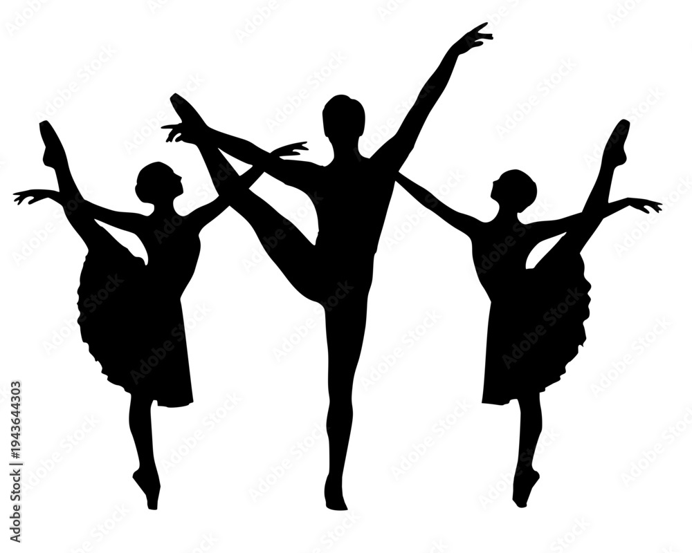 Fototapeta premium black silhouette of three ballet dancers performing a graceful, synchronized pose. Two female dancers in tutus flank a male dancer, all with arms extended and legs raised in a classic ballet position
