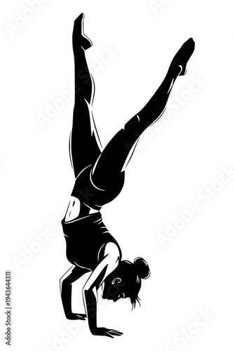 black  vector silhouette of a female gymnast or yoga practitioner performing a handstand. The figure is shown in a balanced, inverted pose with legs split