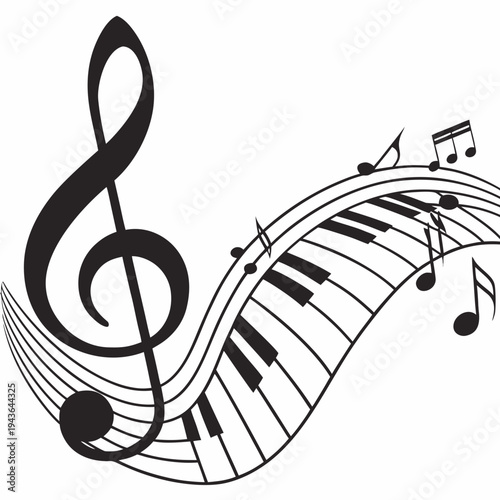 A swirling vector illustration of a grand piano keyboard with a treble clef and musical notes on a white background, design element