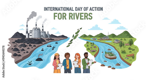 Illustration for International Day of Action for Rivers 2026, depicting a river conservation concept with a polluted river on one side and a clean river on the other, surrounded by people,