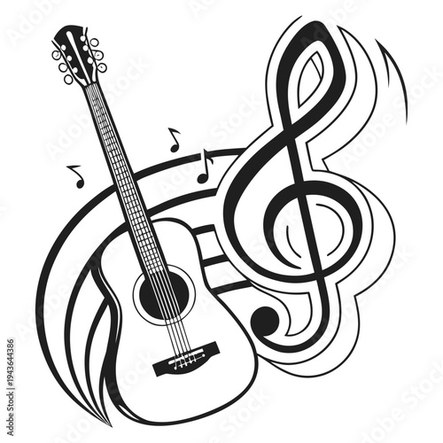 Acoustic guitar with treble clef and musical notes on staff, symbolizing harmony, melody, and rhythm in music creation