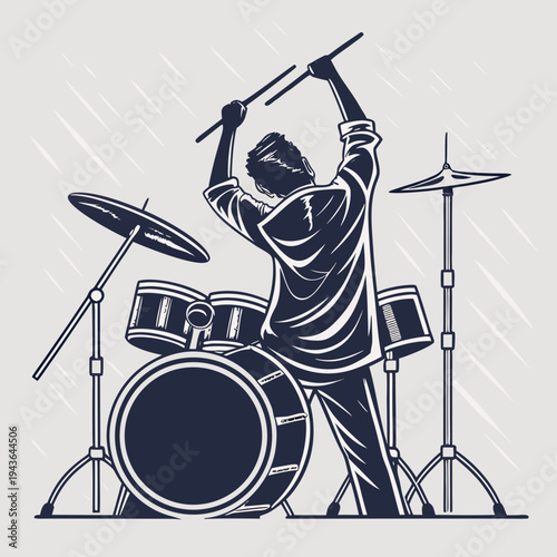 Man playing drums from behind view silhouette on light background showing professional drummer performing during music festival or studio recording