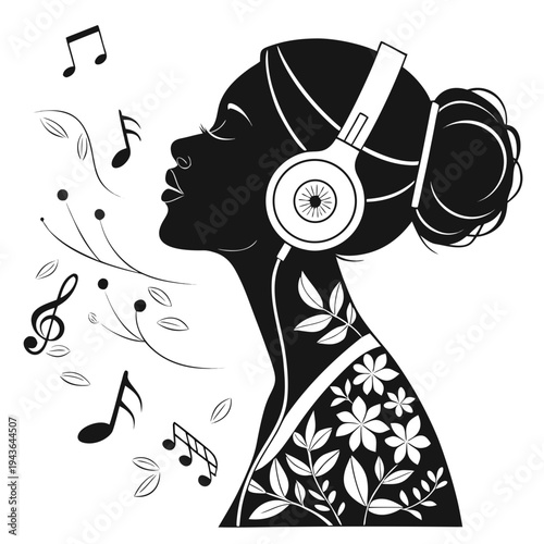 Profile of woman listening to music with headphones wearing floral pattern clothes and surrounded by musical notes and leaves in black white vector