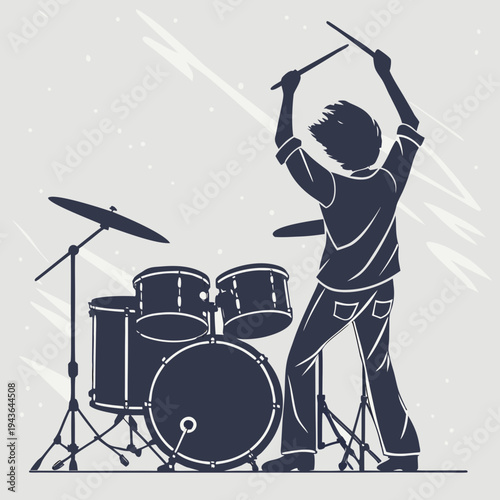 Musician playing drum set with sticks in hand silhouette on light background representing energy performance live concert rhythm and musical talent
