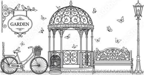 Vintage garden elements vector set with decorative gazebo, bicycle, bench, street lamp, butterflies and birds, elegant park illustration isolated on white background for design