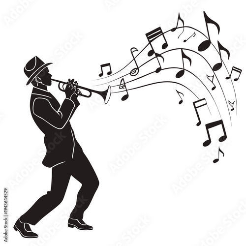 Silhouette of jazz musician playing trumpet with flowing musical notes against white background, vintage style, energetic performance