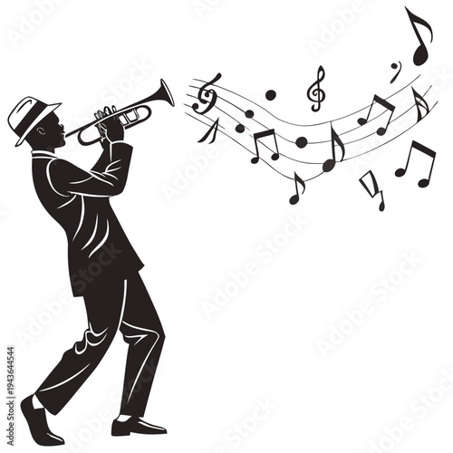 Jazz musician silhouette plays trumpet, musical notes swirl with treble clef, energetic rhythm, classic performance, black and white