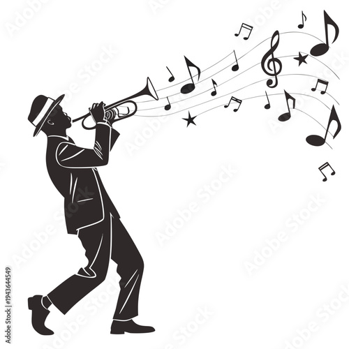 Silhouette jazz trumpeter playing trumpet, musical notes and stars, energetic rhythm, classic performance, black and white, artistic expression