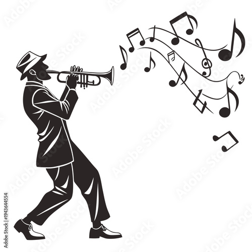 Silhouette jazz trumpeter playing trumpet, musical notes flowing outward, energetic rhythm, classic performance, black and white vector art