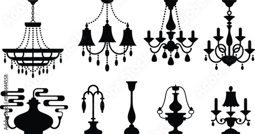 Vintage chandelier and decorative lamp silhouette set with classic hanging lights and ornate lighting fixtures isolated vector illustration collection