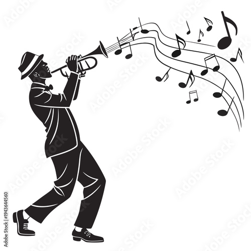 Jazz musician blowing trumpet with flowing musical notes silhouette vector illustration for concert poster or music festival branding design concept