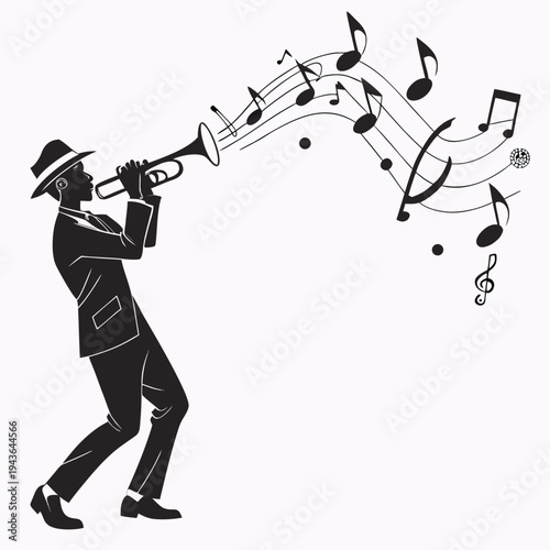 Detailed trumpet player silhouette illustration with wavy music staff and notes for educational materials or music studio interior decoration themes