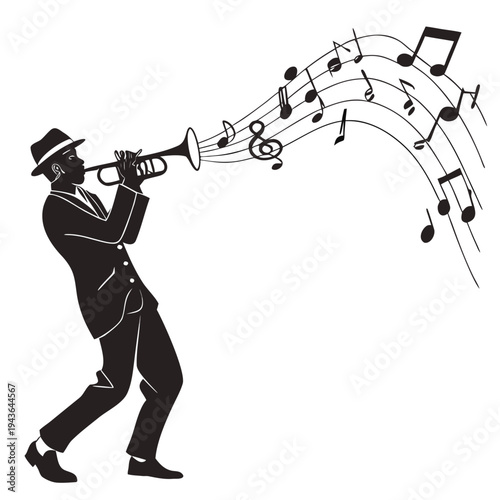 Trumpet player silhouette blowing musical notes on five line staff illustration isolated on white background depicting jazz blues or soul musician