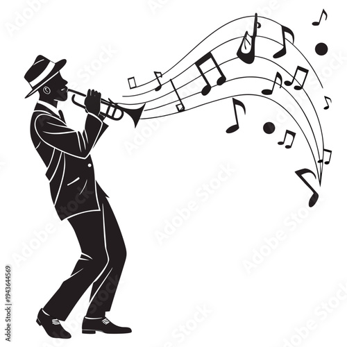 A male jazz musician playing trumpet, creating musical notes, a silhouette vector illustration of a musician performing music
