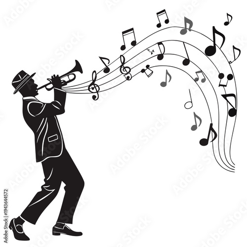 Elegant trumpet player silhouette with flowing staff and musical symbols design for jazz evening or classical music event invitation and print media