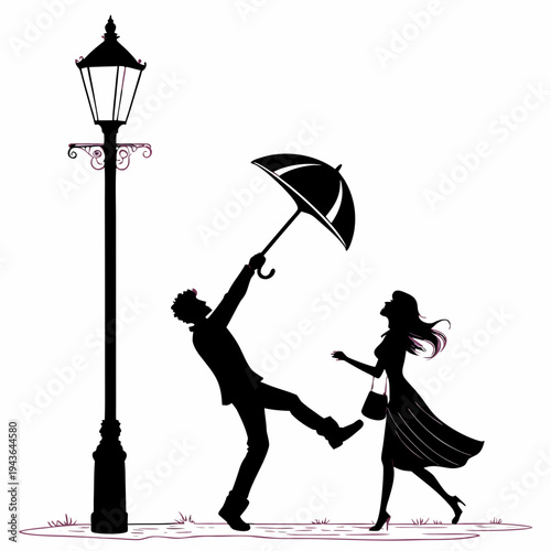 A man holding an umbrella in strong wind, woman walking beside him under a lamppost, a silhouette vector illustration