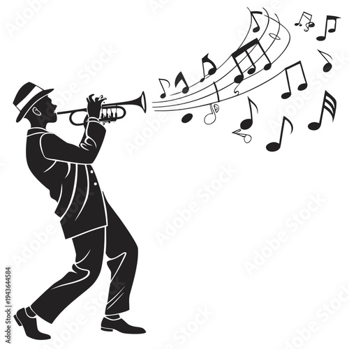 A male jazz musician playing trumpet, with musical notes flowing from horn, a silhouette vector illustration of musician performing