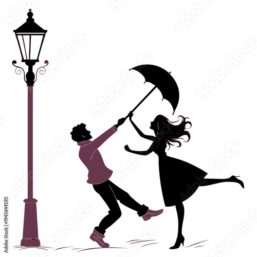 A man and woman sharing an umbrella under a lamppost during windy weather, a silhouette vector illustration of a couple