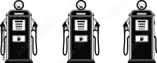 Vintage gas pump silhouettes set, retro fuel dispenser station equipment icons, petrol pump machine vector illustration isolated on white background