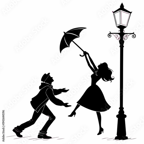 Couple under umbrella dancing romantically by street lamp in rain silhouette illustration