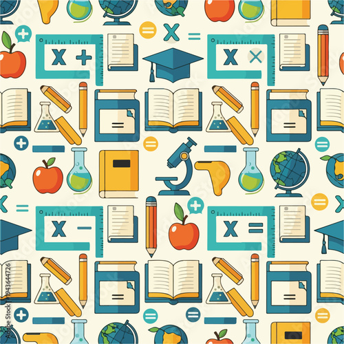 Colorful, seamless pattern with various education related icons