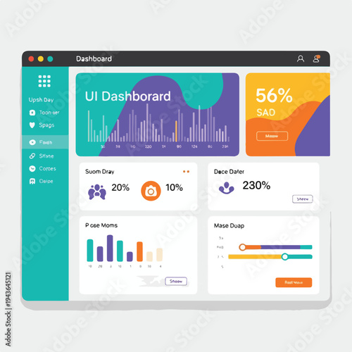 Dashboard graphic with various data visualizations, graphs, and statistics