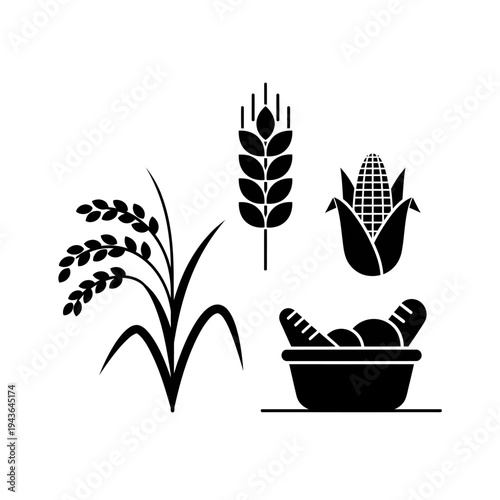 Cereal Grains and Bread Products Icons Set for Agriculture