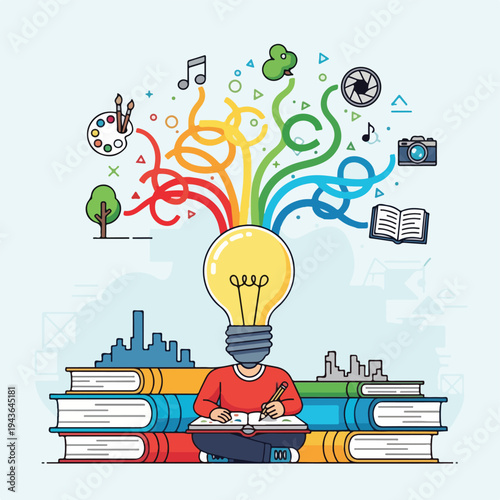 Creative person with an idea above, sitting on books and looking at a book