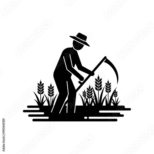 Farmer Harvesting Grain Crops with a Scythe in a Field Illustration