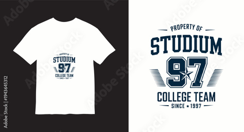 Property of Studium college team since 1997 athletic t-shirt design with navy blue graphics