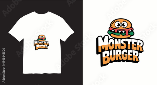 Monster burger t-shirt design concept for fast food and restaurant branding or merchandise