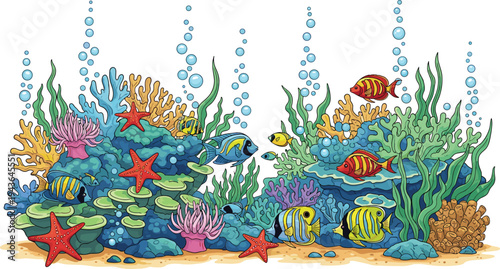 Colorful Underwater Scene Featuring Tropical Fish Swimming Among Diverse Coral Reefs Sea Anemones and Starfish in a Detailed Vibrant Marine Life Vector Illustration