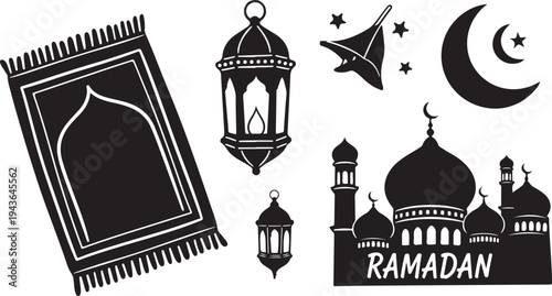 Ramadan Kareem Islamic Symbols and Decorations in Black Silhouette