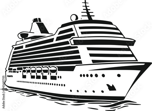 Modern luxury cruise ship silhouette on water, large ocean liner vector icon, passenger travel vessel for tourism and vacation logo.