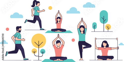 Comprehensive Vector Collection of People Engaging in Outdoor Fitness Activities Including Running Jogging Yoga Meditation and Stretching for Wellness and Healthy Lifestyle Design Projects