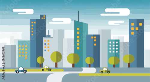 Colorful vector illustration of a cityscape with stylized buildings and cars