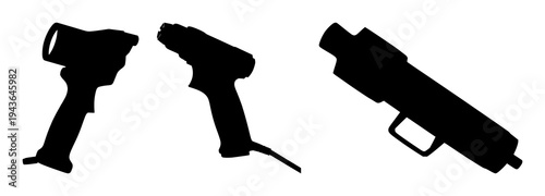 Laser rust-cleaning tool set with solid black silhouette on white background featuring industrial restoration technology, sharp technical profile with black and silver details and high contrast