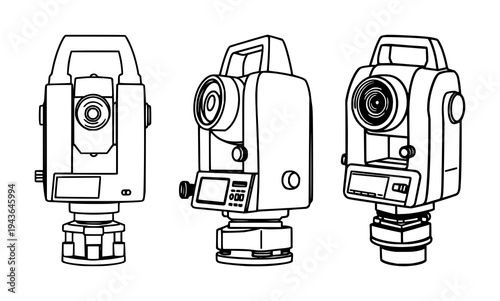 Engineer's total station set with a geometric vector icon featuring surveying equipment, measurement tools, and optical instruments with a consistent stroke width and isolated background
