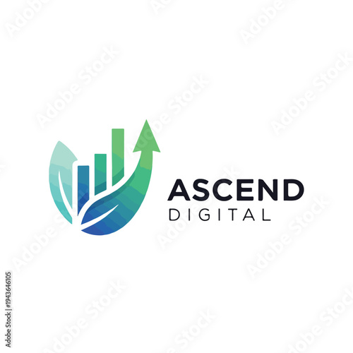 Green-blue graphic with bars, an upward arrow, and the word "DIGITAL.