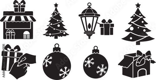 Black and white Christmas icons and decorations set
