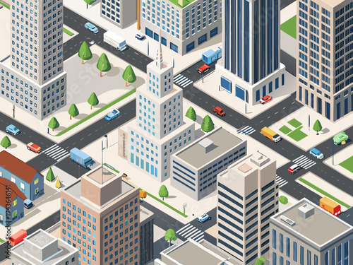 Isometric illustration of a bustling city with modern architecture