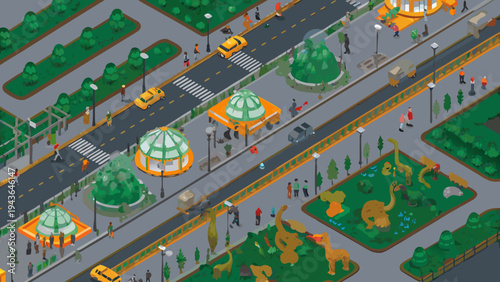 Isometric city park with dinosaur exhibit and pedestrian walkways