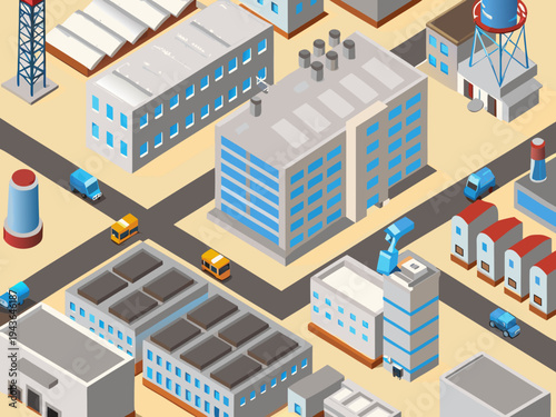 Isometric illustration of a sprawling industrial complex with buildings and roads