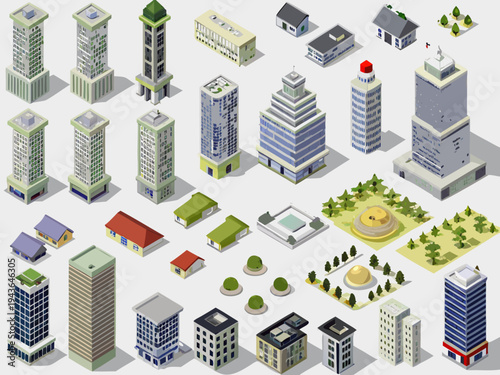 Isometric city building set with various structures and green spaces