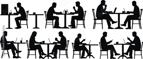 Cafe people silhouettes working on laptops meeting drinking coffee remote work freelancers coffee shop vector illustration lifestyle collection