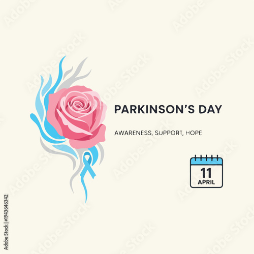 Illustration for Parkinson's Day featuring a pink rose and a blue ribbon