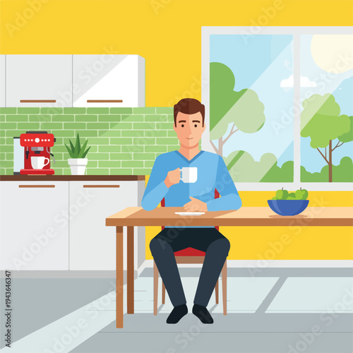 Illustration of a man at a table in his kitchen holding a coffee cup