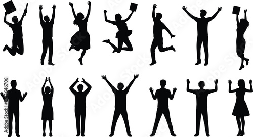 Silhouettes of protesting people holding placards and raising hands isolated on white background, demonstration, activism, social movement, freedom, human rights concept vector set